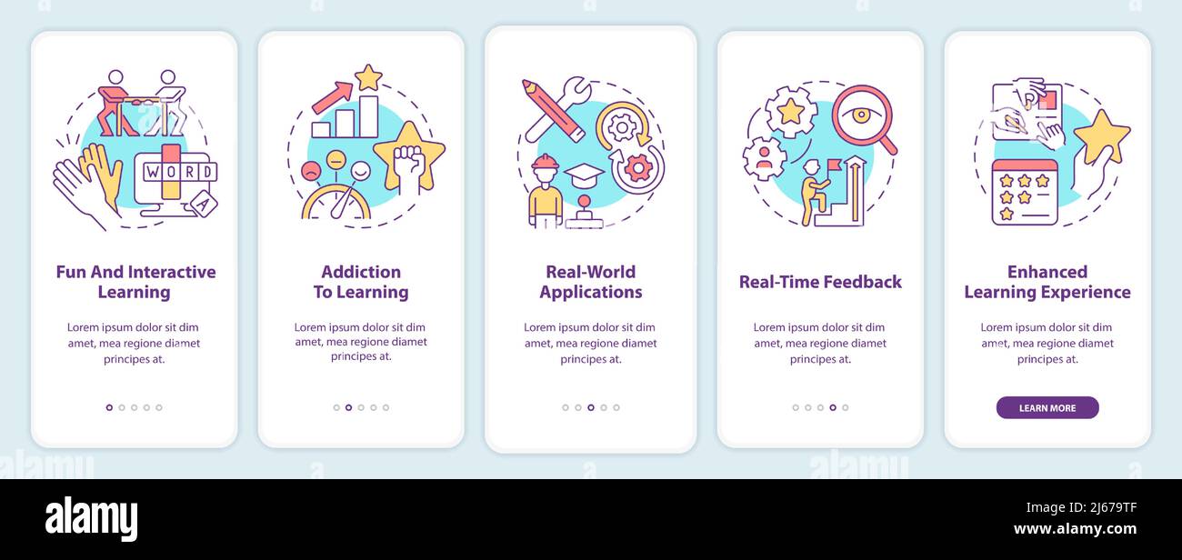 Benefits of gamification onboarding mobile app screen Stock Vector ...