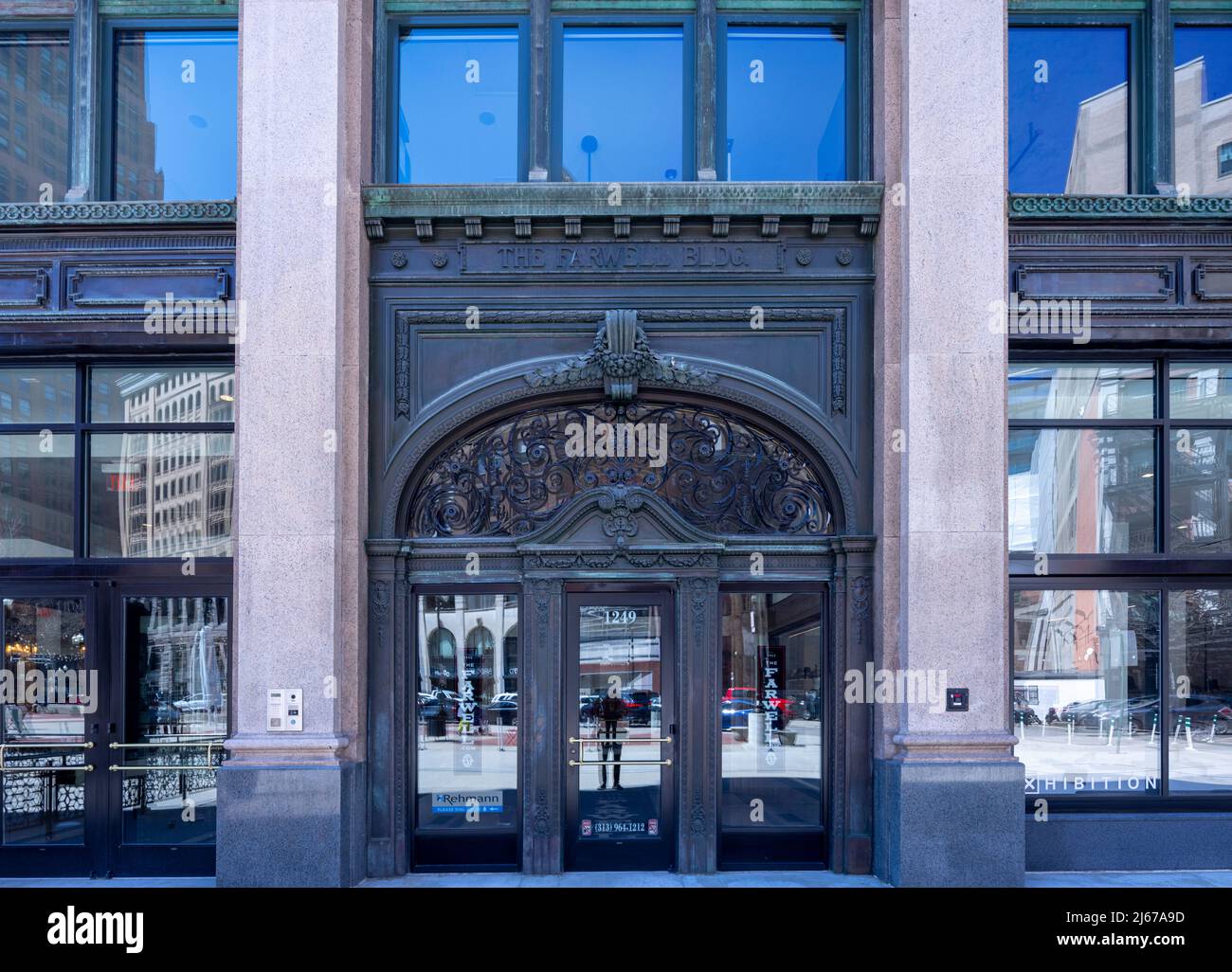 entrance and facade of The Farewell Building, Shelby Street, Detroit, Michigan, USA Stock Photo