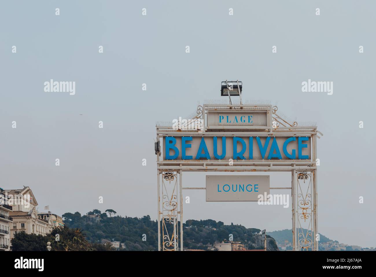 Nice, France March 11, 2022 Sign by the entrance to Beau Rivage, an