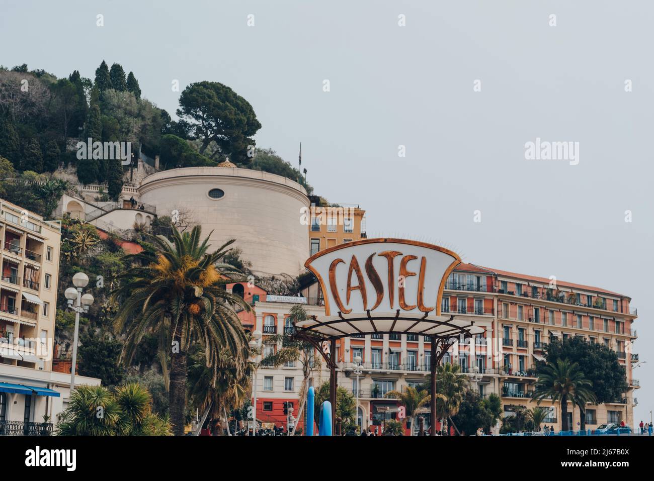 Nice, France - March 11, 2022: Sign by the entrance to Castel, a seaside restaurant offering Mediterranean cuisine and beach rentals, on Promenade des Stock Photo