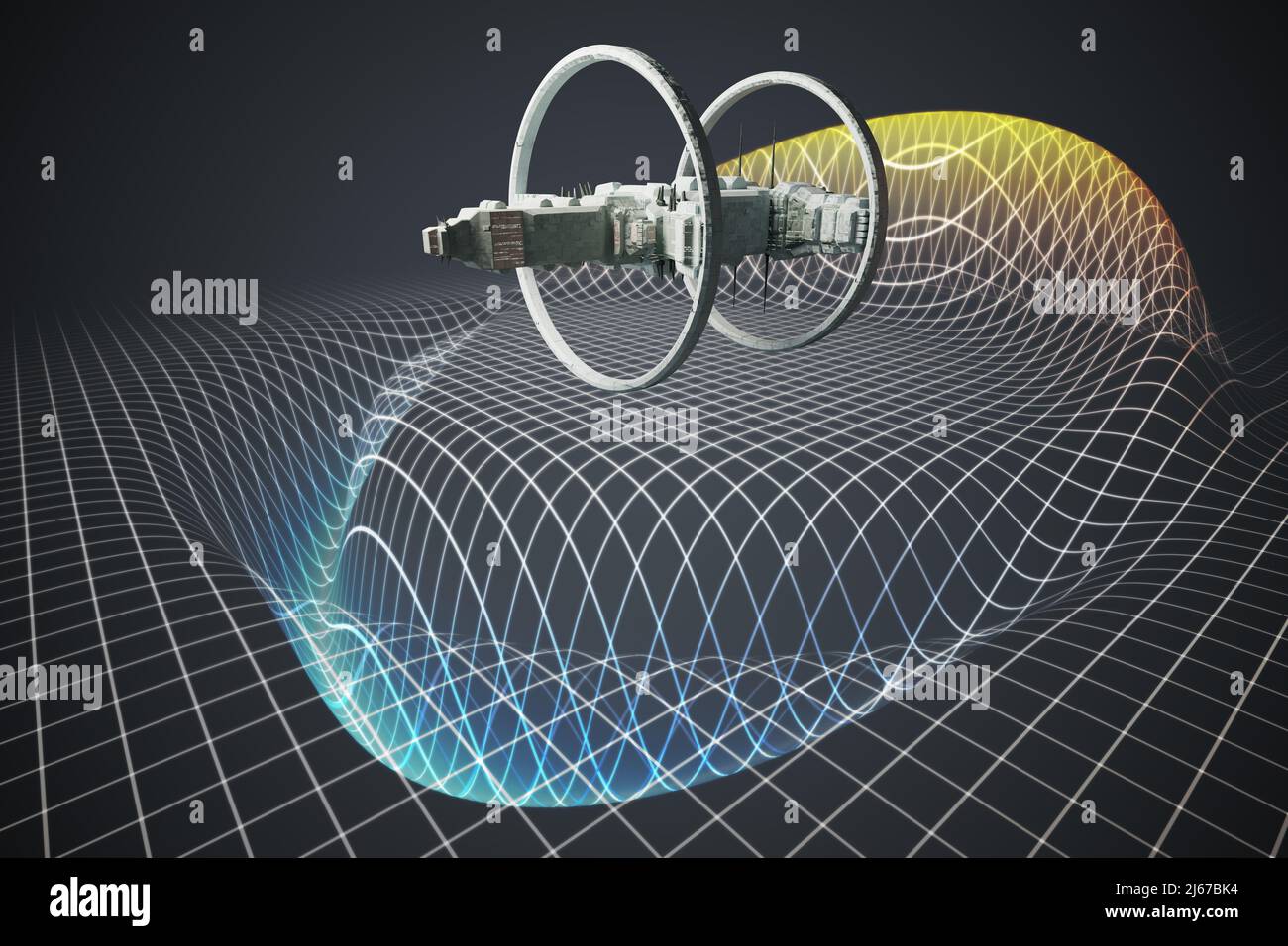 Spaceship with warp drive in curved hyper space. 3D rendered illustration. Stock Photo