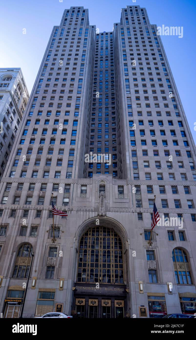 entrance facade, Penobscot Building, downtown Detroit, Michigan, USA Stock Photo
