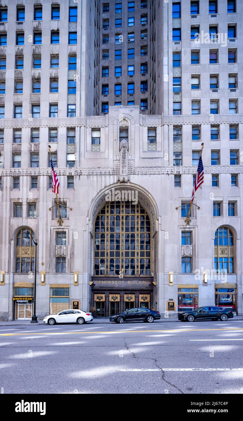 entrance facade, Penobscot Building, downtown Detroit, Michigan, USA Stock Photo