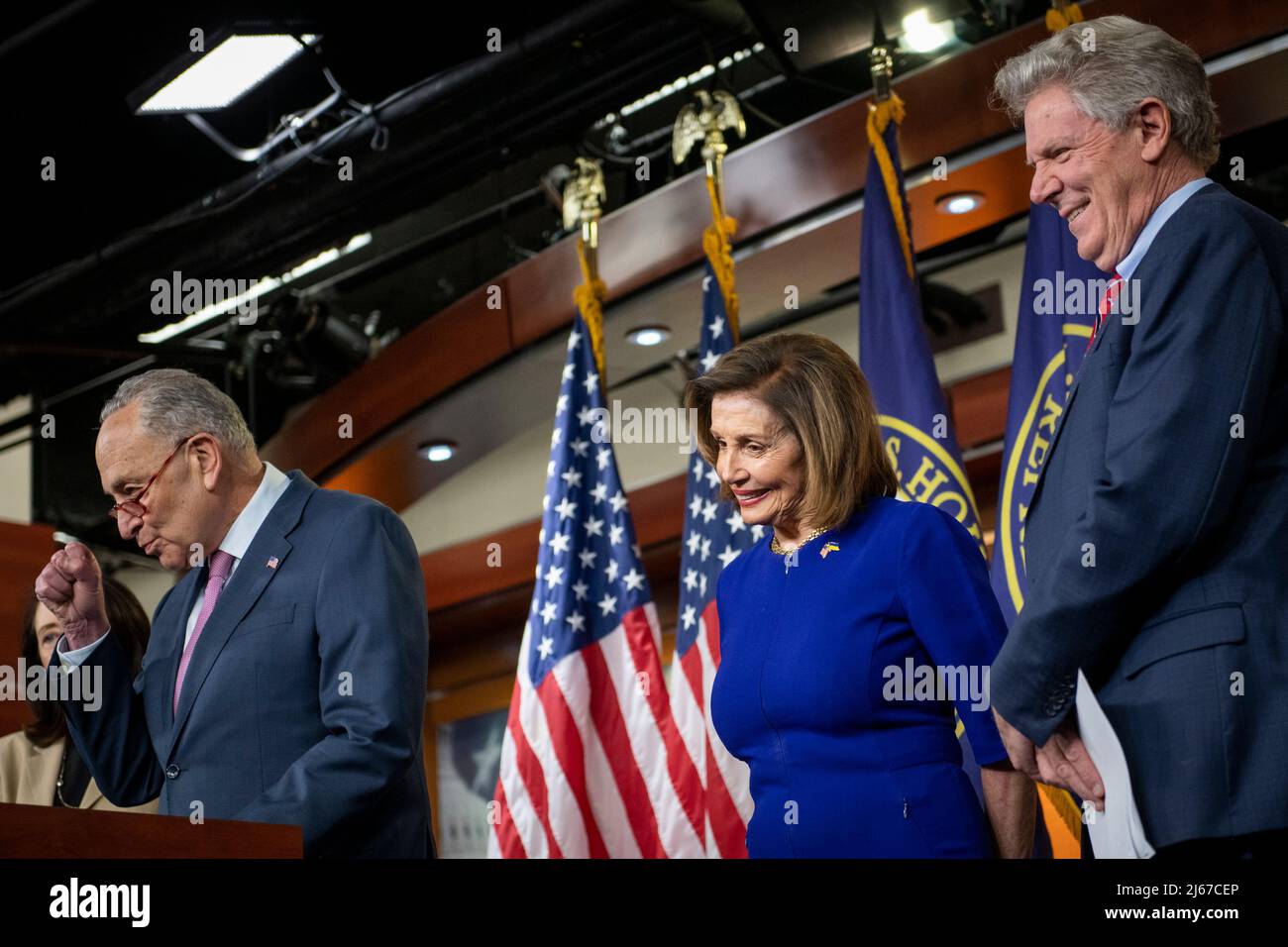 United States Senator Maria Cantwell (Democrat of Washington), left, United States Senate Majority Leader Chuck Schumer (Democrat of New York), second from left, Speaker of the United States House of Representatives Nancy Pelosi (Democrat of California), second from right, and United States Representative Frank Pallone (Democrat of New Jersey), right, offer remarks during a weekly press conference at the US Capitol in Washington, DC, Thursday, April 28, 2022. Credit: Rod Lamkey / CNP/Sipa USA Stock Photo