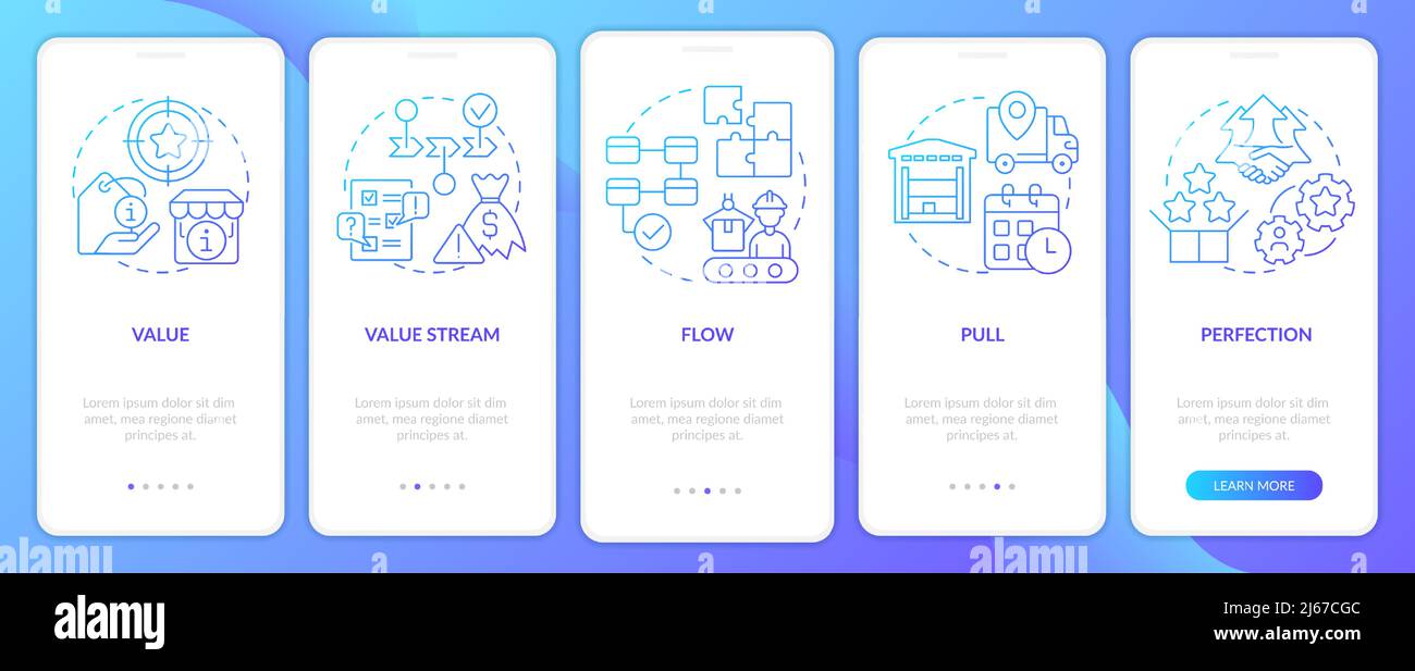 Lean production key principle blue gradient onboarding mobile app screen Stock Vector