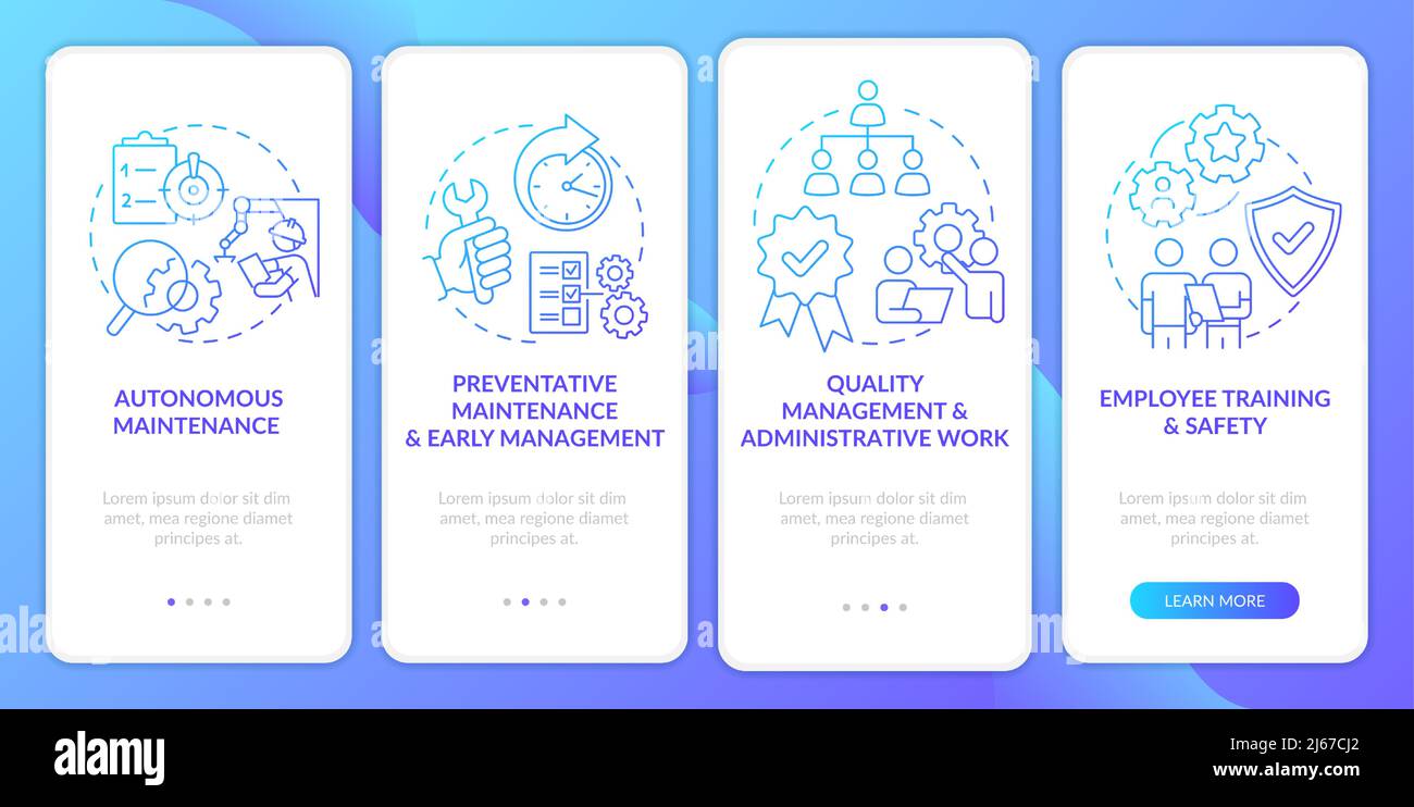 Total productive maintenance blue gradient onboarding mobile app screen Stock Vector