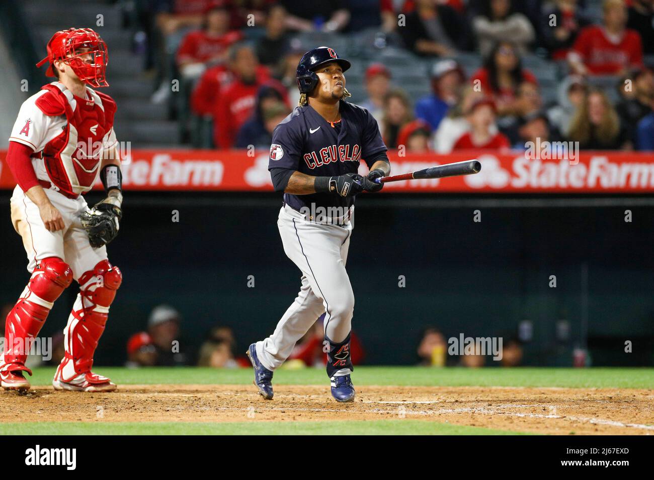 Cleveland Guardians third basemen Jose Ramirez (11) hits his 2nd home run  during an MLB regular season game against the Los Angeles Angels,  Wednesday, April 27th, 2022, at Angels Stadium in Anaheim