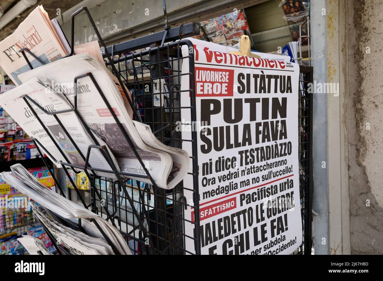 Italian newspapers on sale in Fiesole, near Florence, Tuscany, Italy, April 2022 Stock Photo