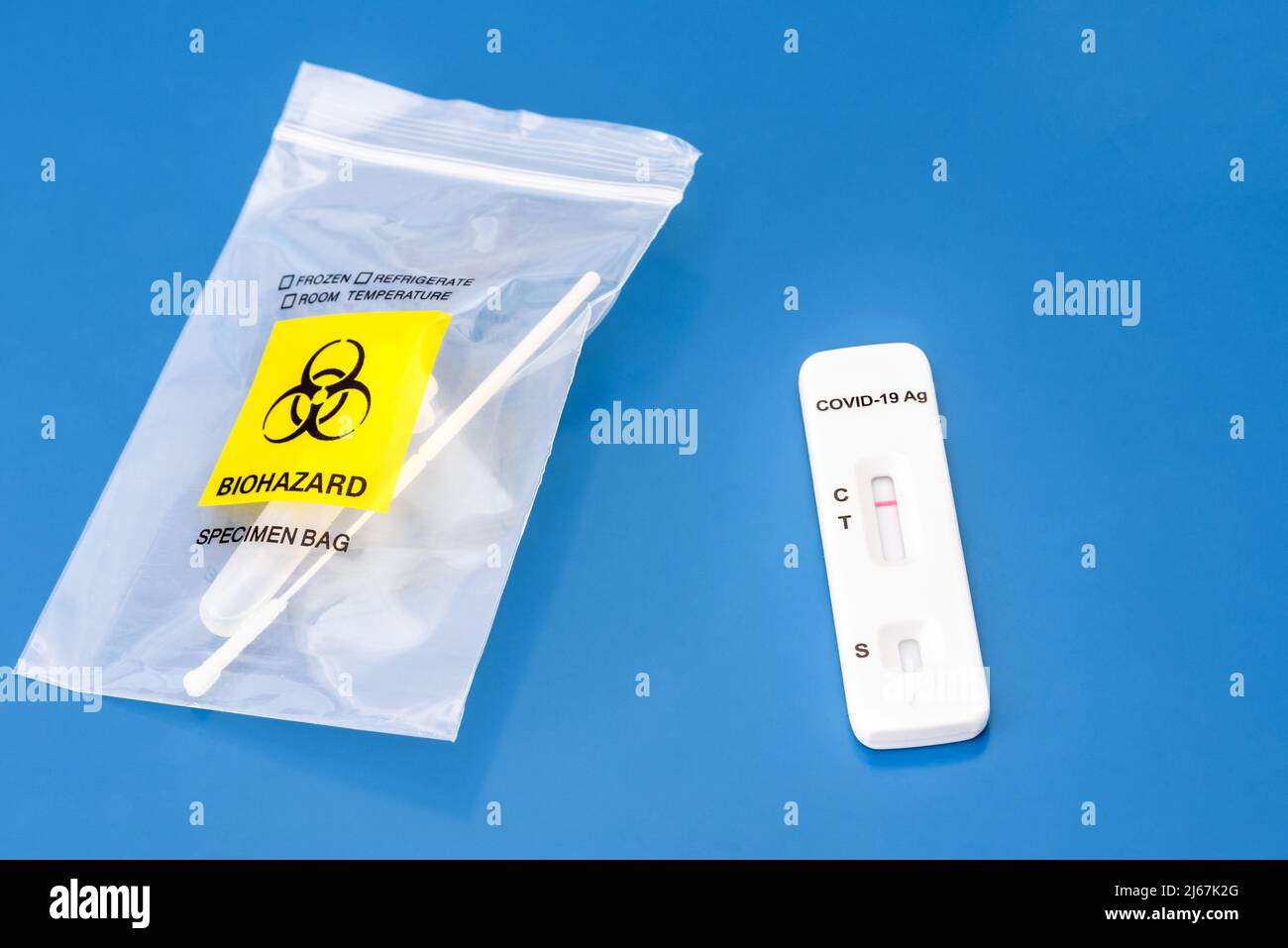 SARS CoV2 aapid antigen test kit on blue background. Negative covid19