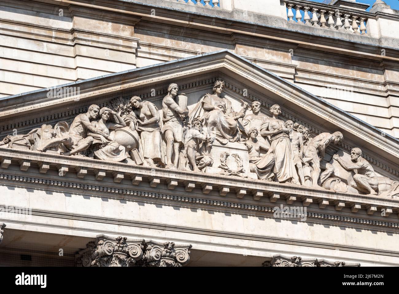 Architectural details on 100 Parliament Street (100PS), of Government Offices Great George Street in Westminster, London, UK. Pedimental Sculpture Stock Photo