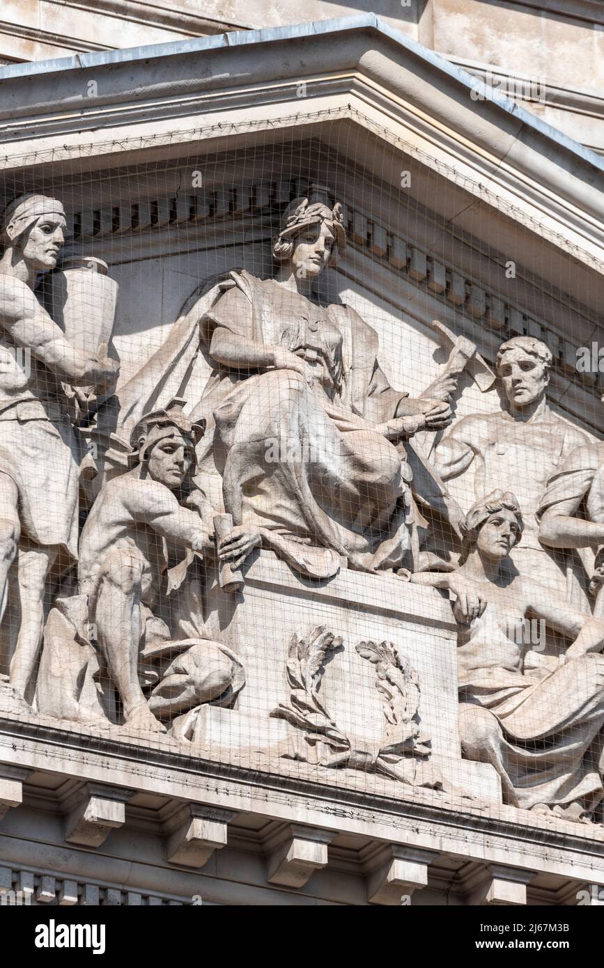 Architectural details on 100 Parliament Street (100PS), of Government Offices Great George Street in Westminster, London, UK. Pedimental Sculpture Stock Photo