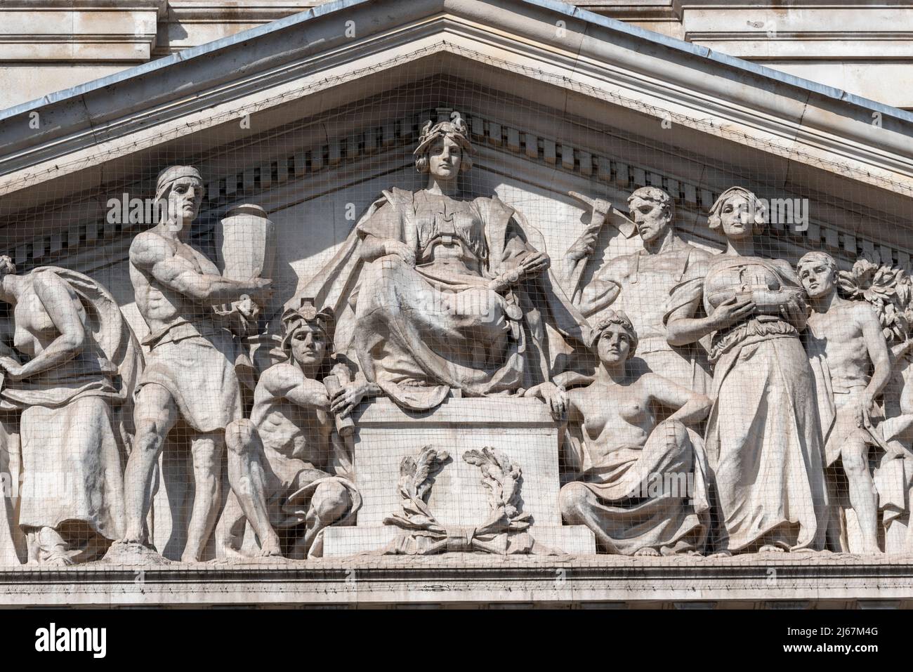 Architectural details on 100 Parliament Street (100PS), of Government Offices Great George Street in Westminster, London, UK. Pedimental Sculpture Stock Photo