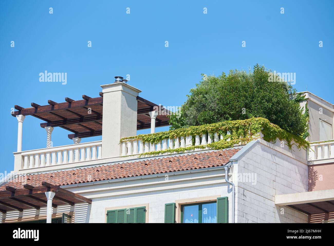 Roof patio with plants decoration in a modern high tech house Stock Photo