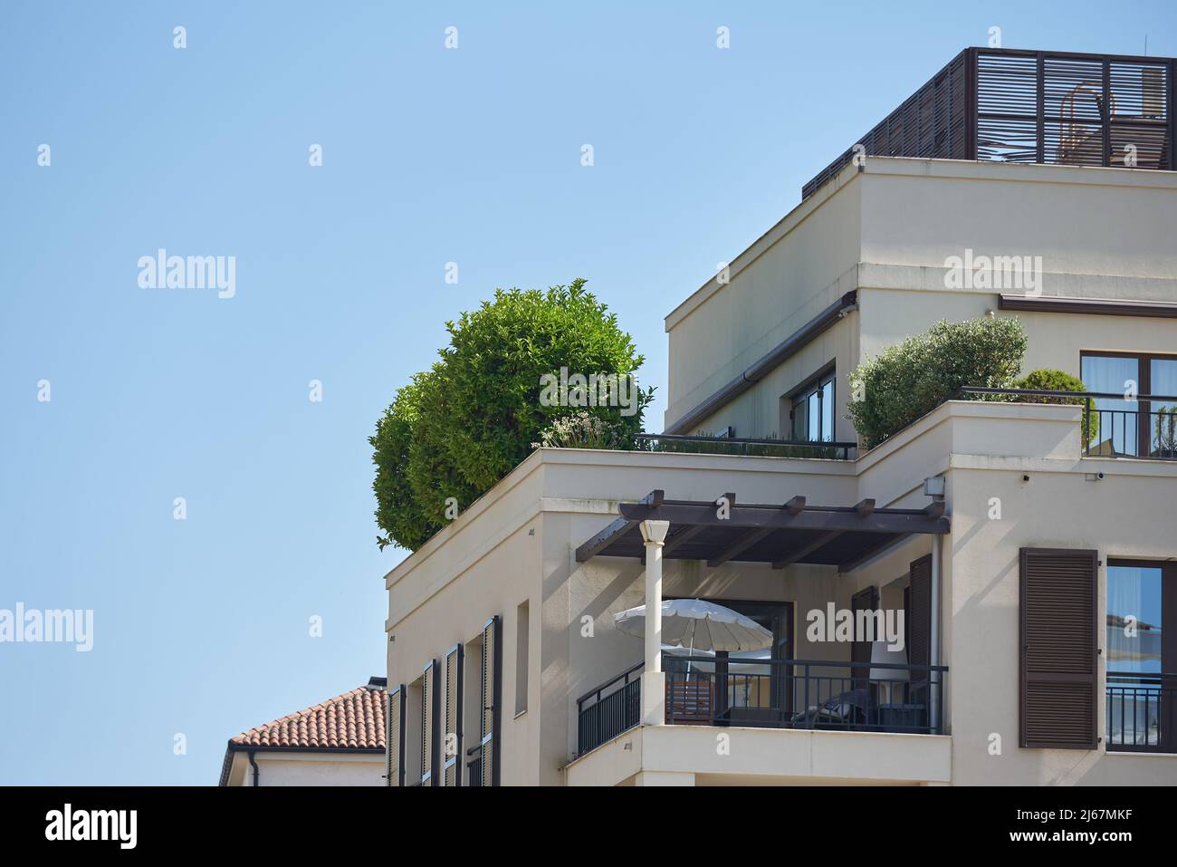 Roof patio with plants decoration in a modern high tech house Stock Photo
