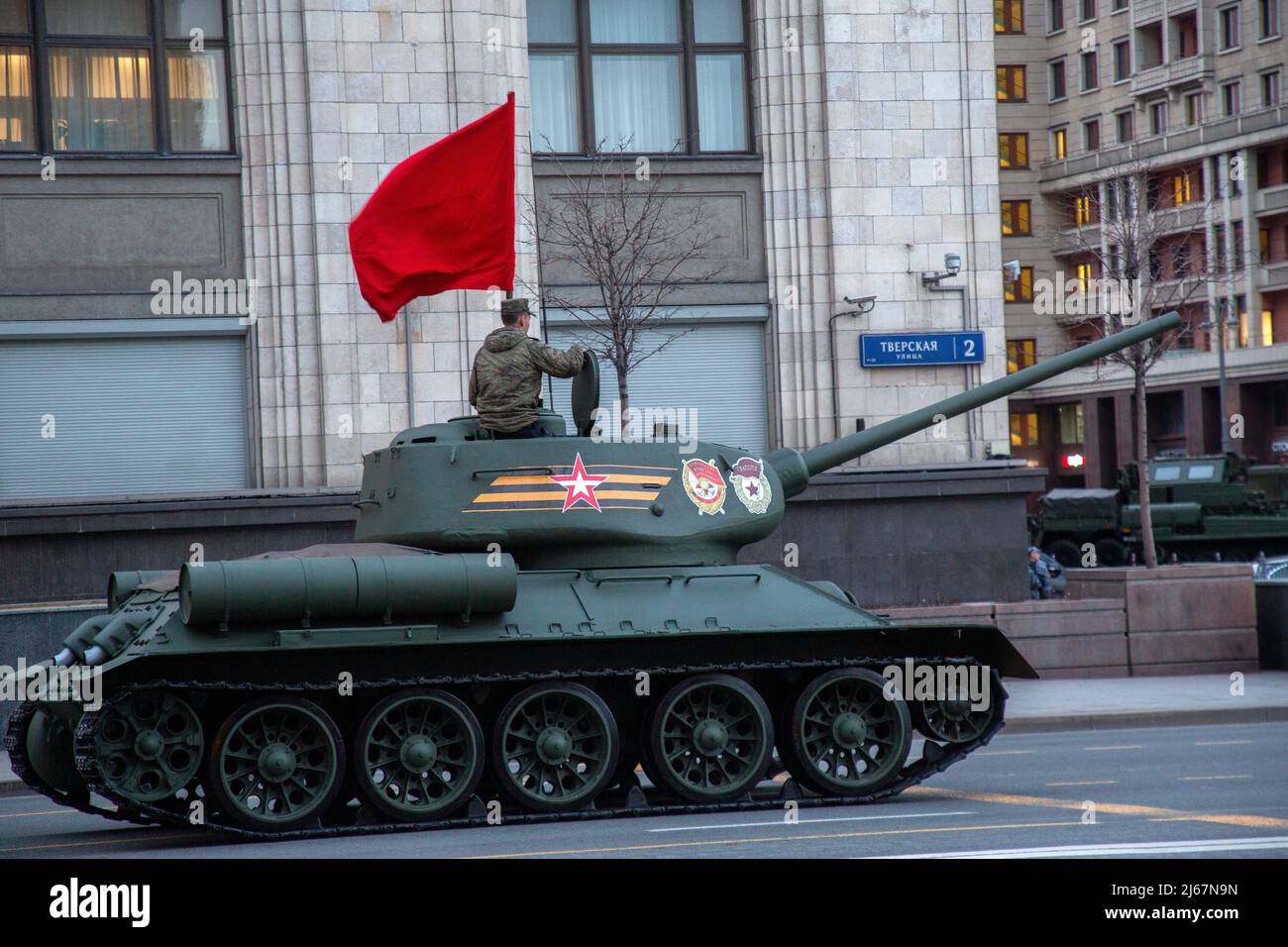 Moscow, Russia. 28th April, 2022. A T-34-85 tank is seen in Tverskaya Street as military hardware heads to Red Square for a rehearsal of the upcoming May 9 Victory Day parade marking the 77th anniversary of the victory over Nazi Germany in World War II. Credit: Nikolay Vinokurov/Alamy Live News Stock Photo
