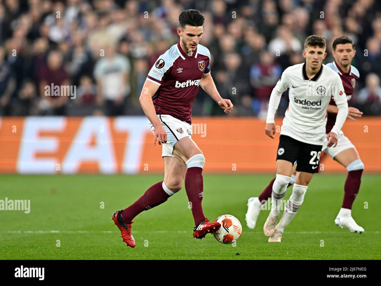 London UK 28th April 2022. Declan Rice (West Ham) during the West Ham vs Eintracht Frankfurt Uefa Europa Cup semi final 1st leg match at the London Stadium, Stratford.Credit: Martin Dalton/Alamy Live News. This Image is for EDITORIAL USE ONLY. Licence required from the the Football DataCo for any other use. Credit: MARTIN DALTON/Alamy Live News Stock Photo