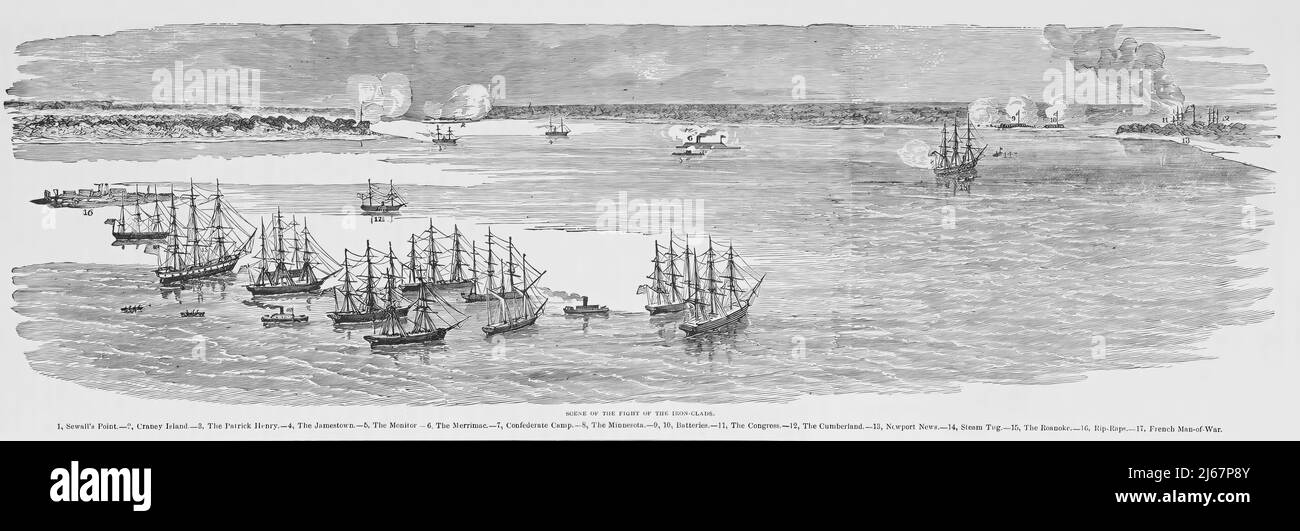 Scene of the Fight of the Iron-Clads, The Battle of Hampton Roads, March 1862, in the American Civil War. 19th century illustration Stock Photo