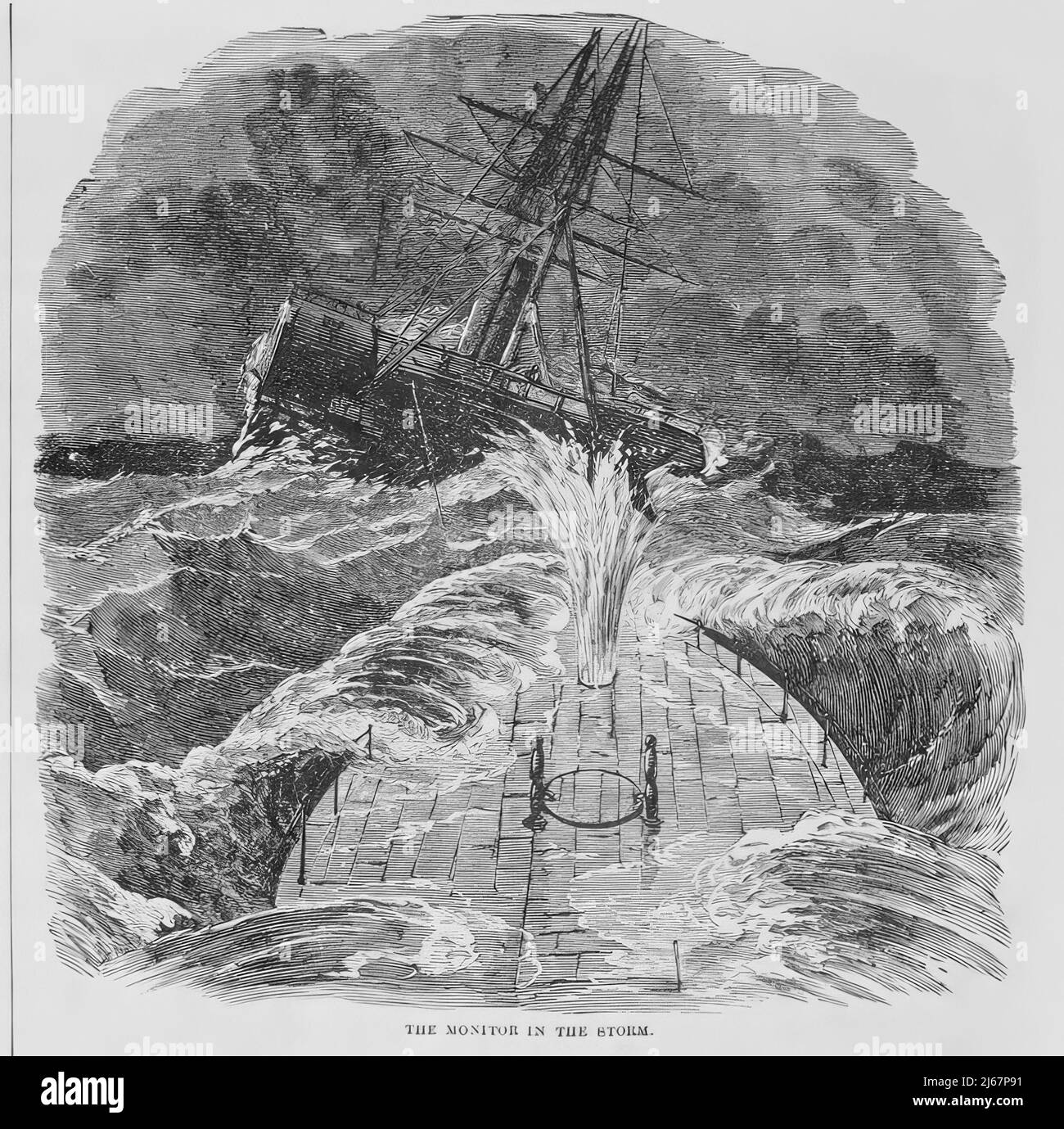 The USS Monitor in the Storm, December 1862, in the American Civil War. 19th century illustration Stock Photo