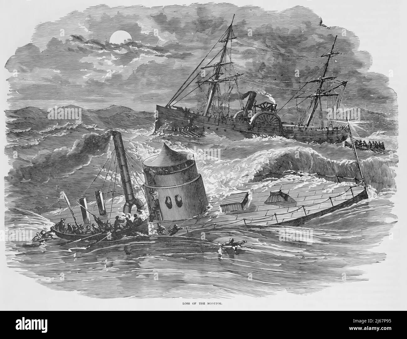 Loss of the USS Monitor, December 1862, in the American Civil War. 19th century illustration Stock Photo