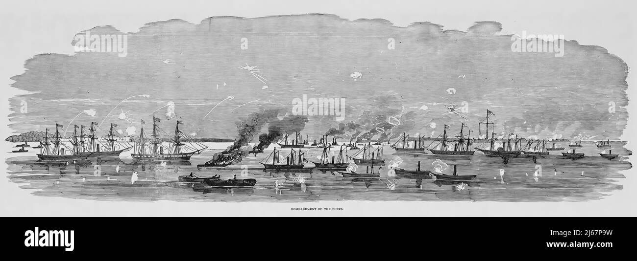 Bombardment of the Forts in the Capture of New Orleans, 1862, in the American Civil War. 19th century illustration Stock Photo