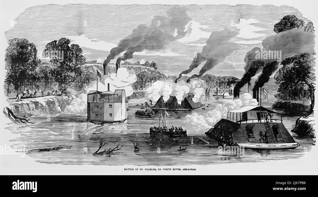 The Battle of St. Charles, on White River, Arkansas, June 1862, in the American Civil War. 19th century illustration Stock Photo