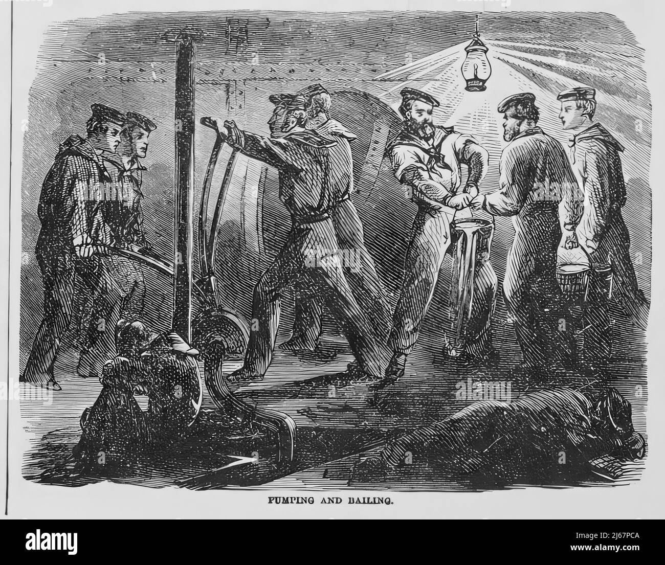 Pumping and Bailing the USS Monitor, December 1862, in the American Civil War. 19th century illustration Stock Photo