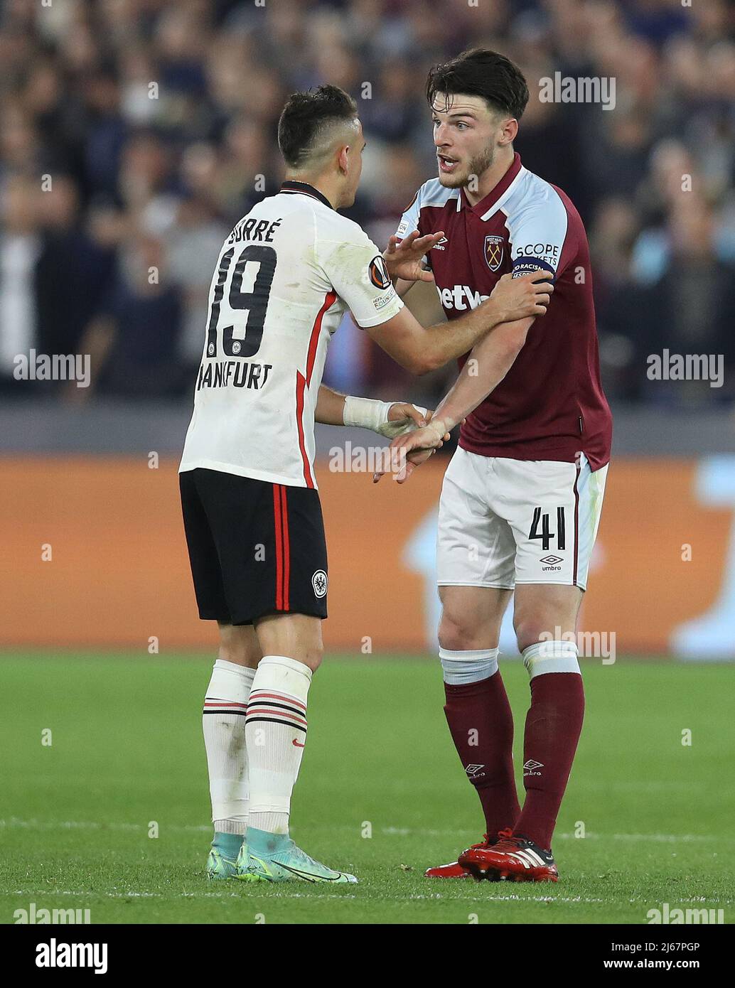 London, UK. 28th April 2022.  Declan Rice of West Ham United and Rafael Santos Borré of Eintracht Frankfurt clash during the UEFA Europa League match at the London Stadium, London. Picture credit should read: Paul Terry / Sportimage Credit: Sportimage/Alamy Live News Stock Photo