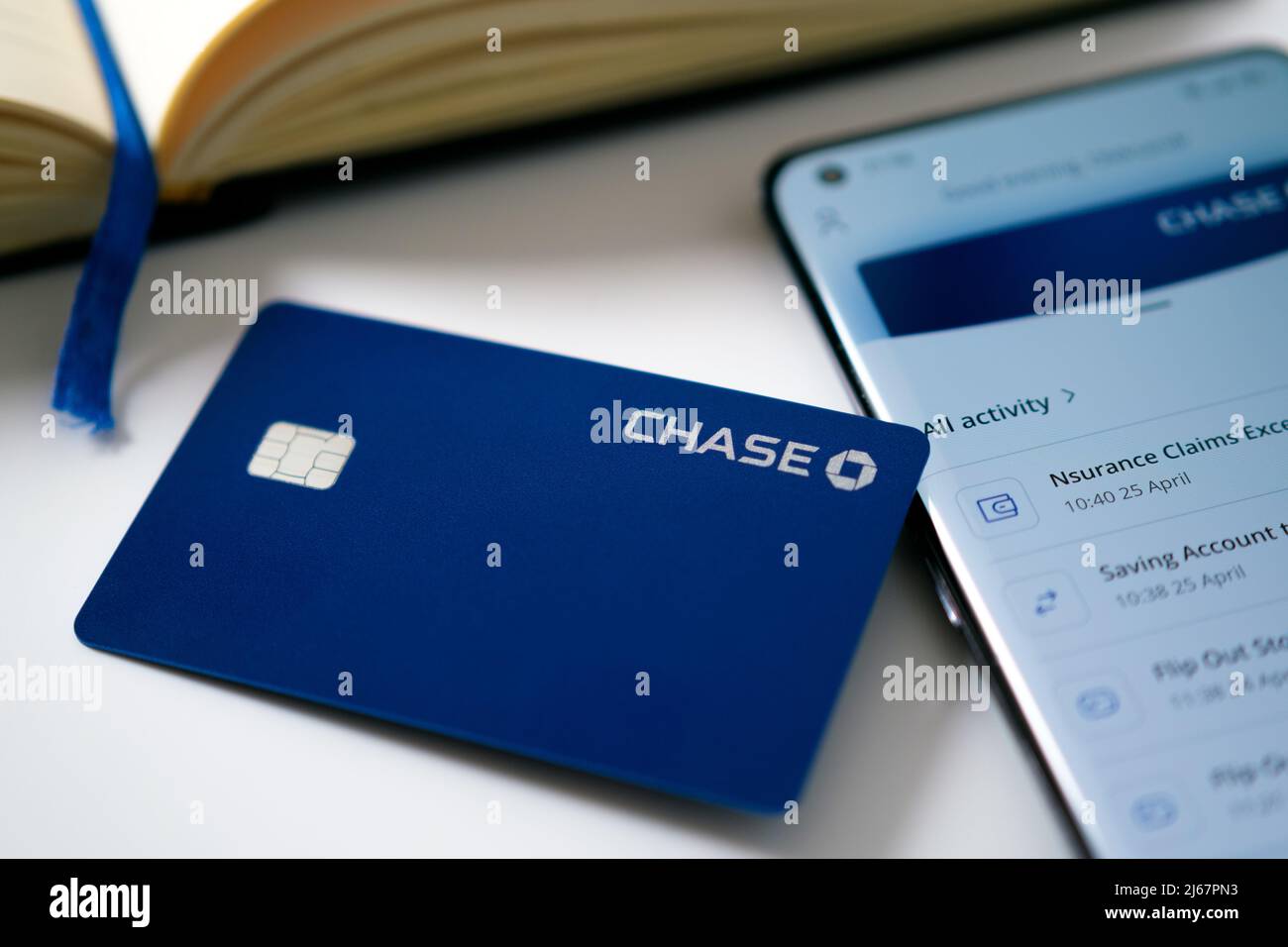 Chase Bank UK debit card. New digital-only bank launched in the UK by JP Morgan. Stafford, United Kingdom, April 28, 2022 Stock Photo