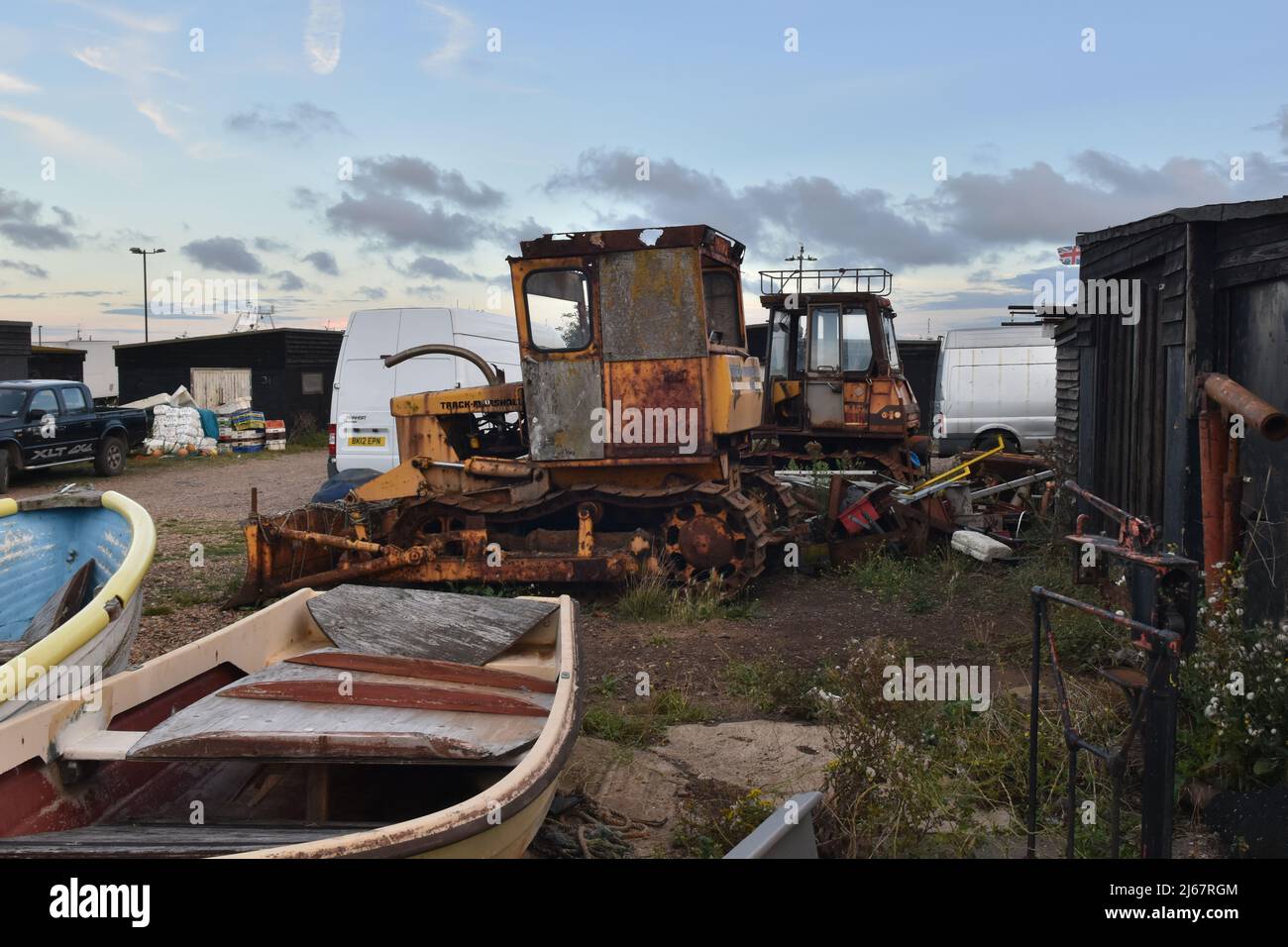 Bulldozer at Hastings seafront, East Sussex, England Stock Photo