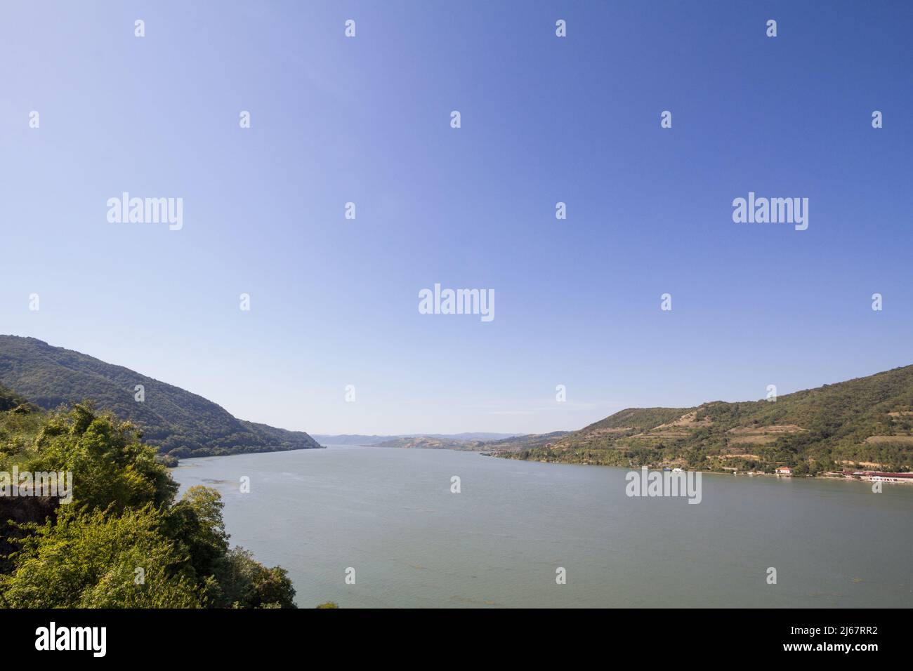 Picture of Danube river in Djerdap, also known as Iron Gates or Portile din Fier. The Iron Gates is a gorge on the Danube River. It forms part of the Stock Photo