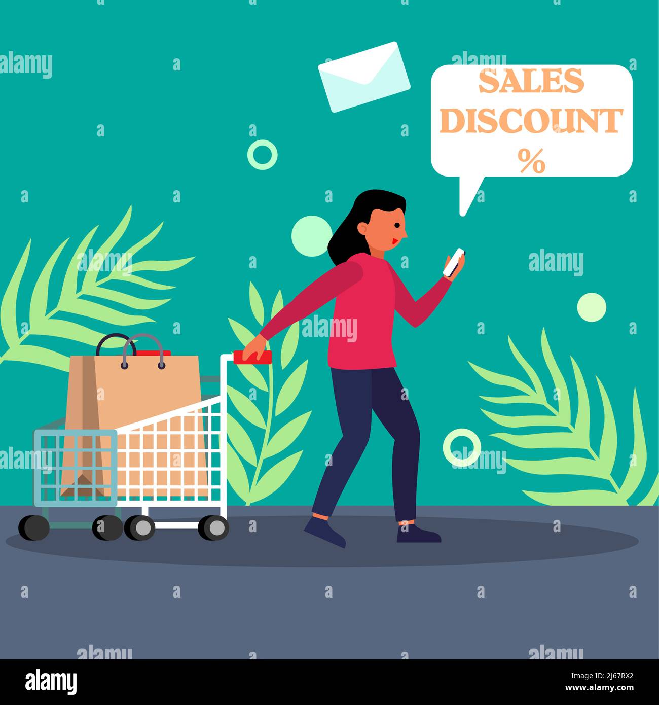woman is walking carrying a discount hunting shopping cart, concept