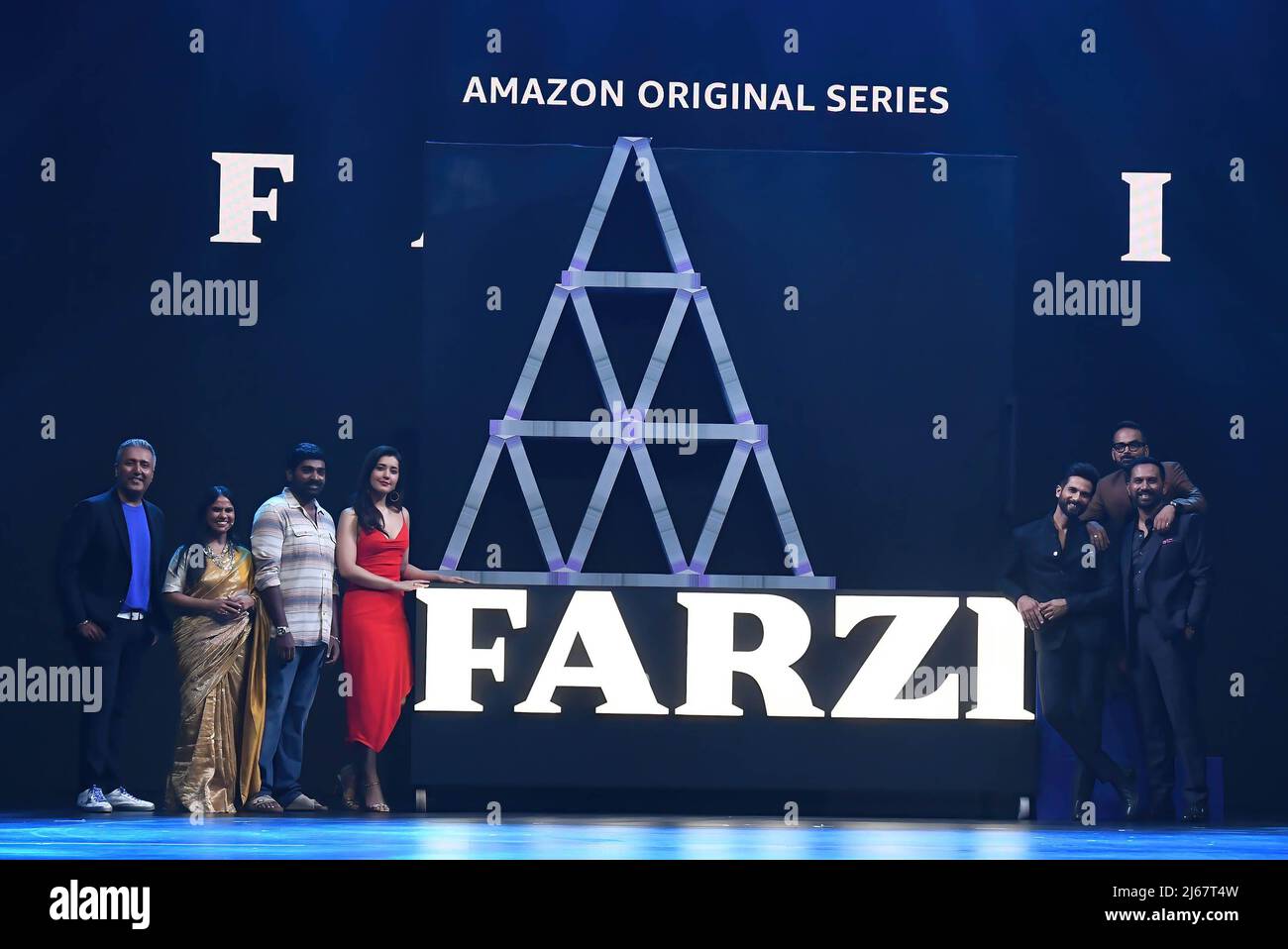 Mumbai, India. 28th Apr, 2022. L-R Amazon Prime Video, Country Head India Gaurav Gandhi, Amazon Prime Video, Country Head India Originals Aparna Purohit, Tamil actor Vijay Sethupathi, actress Raashi Khanna, actor Shahid Kapoor, director Raj Nidimoru and producer Krishna DK pose for a photo during  the Amazon Prime Video launch in Mumbai. The American video streaming company launched the event to announce its investment plans for the content in India for the next two years. It includes movies and shows in different Indian languages. Credit: SOPA Images Limited/Alamy Live News Stock Photo
