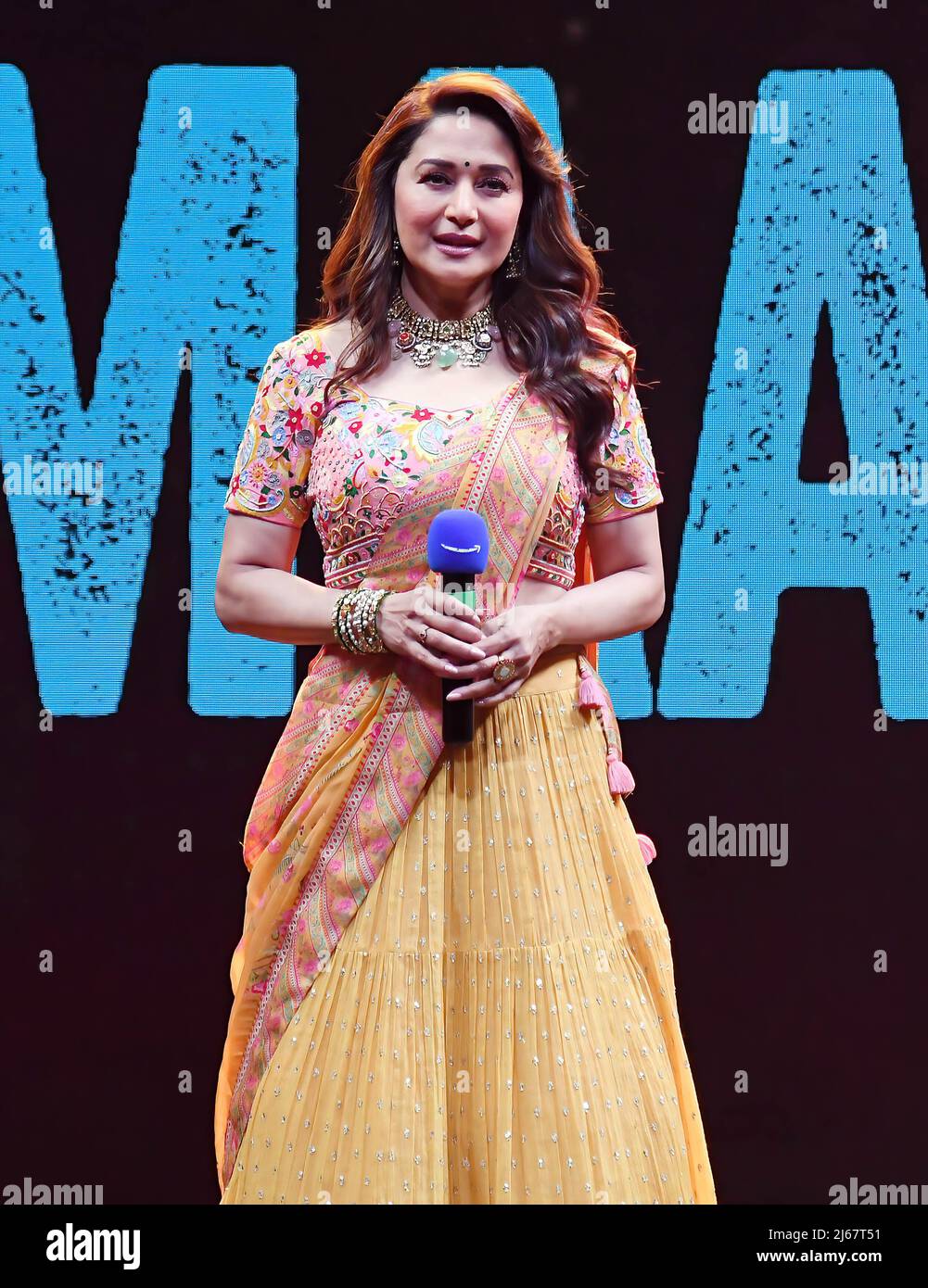 Mumbai, India. 28th Apr, 2022. Bollywood actress Madhuri Dixit is seen  during the Amazon Prime Video launch in Mumbai. The American video  streaming company launched the event to announce its investment plans