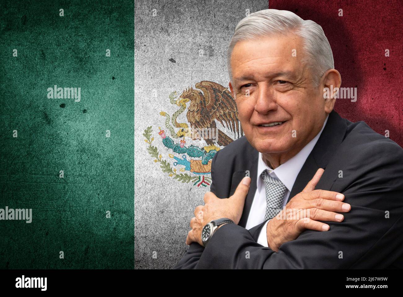 Andrés Manuel López Obrador (AMLO) and flag of Mexico Stock Photo