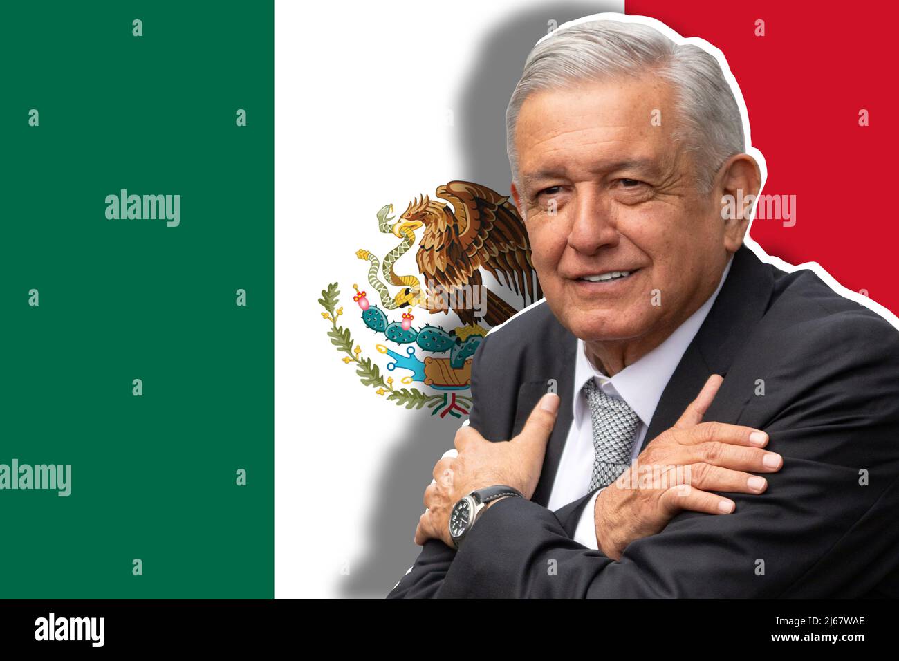 Andrés Manuel López Obrador (AMLO) and flag of Mexico Stock Photo