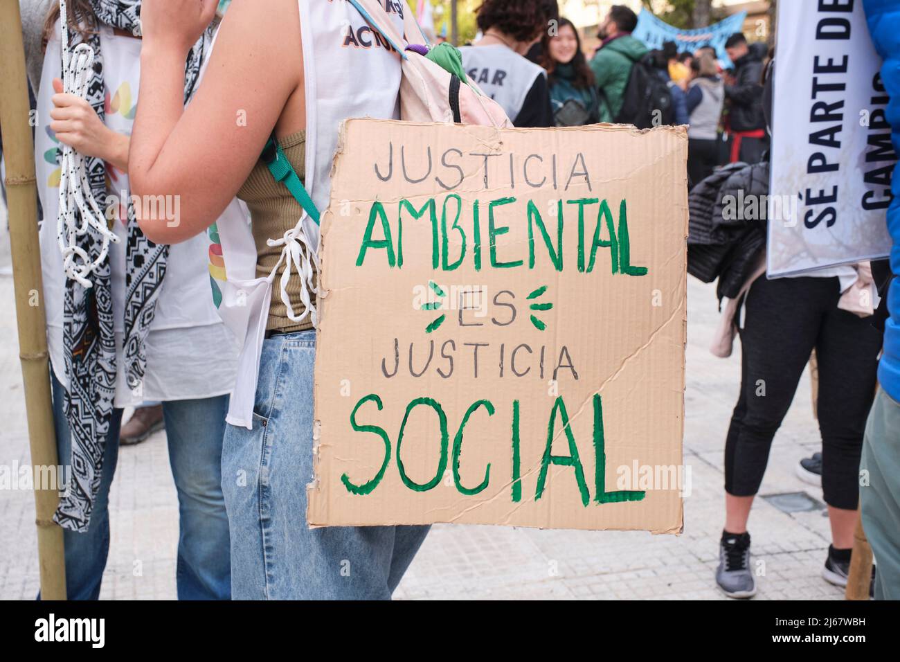 Buenos Aires, Argentina; April 22, 2022: Earth Day demonstration; poster with the message Environmental justice is social justice. Concepts: activism, Stock Photo