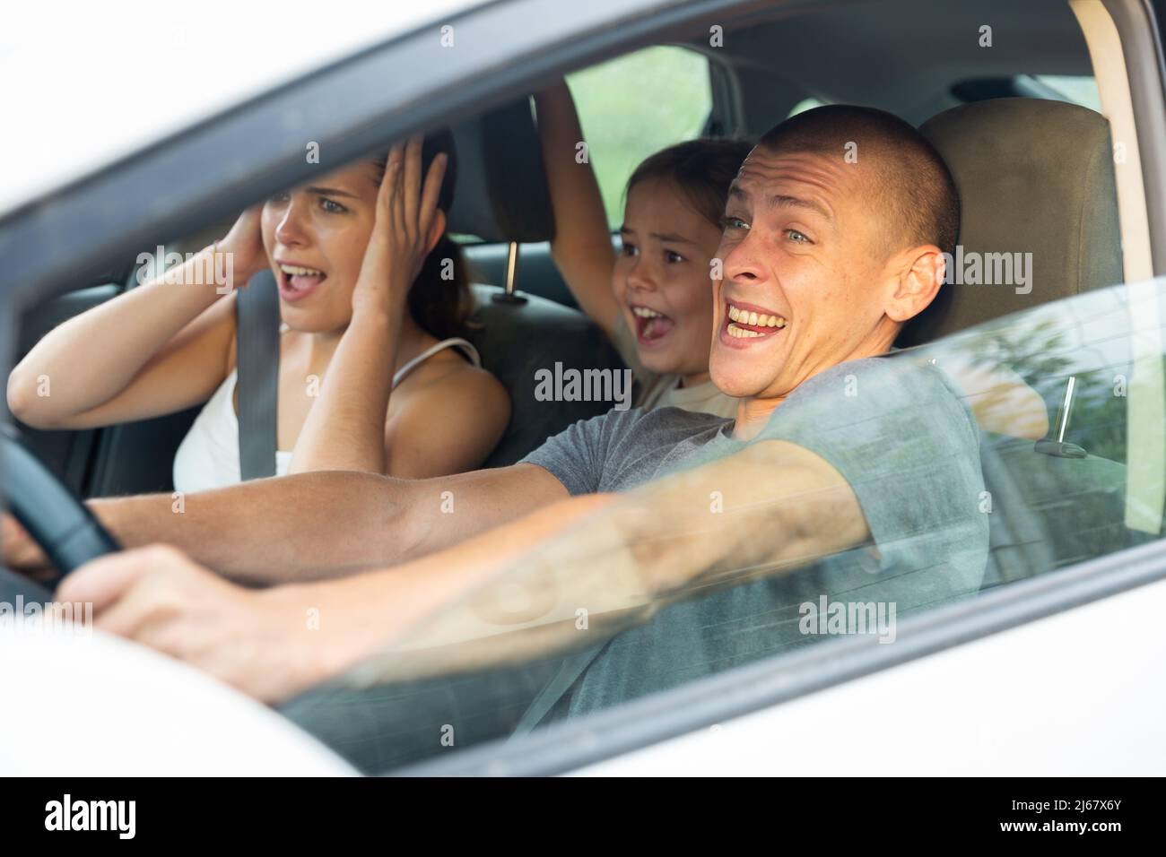 Driver and passengers scared screaming in the car before accident. Road