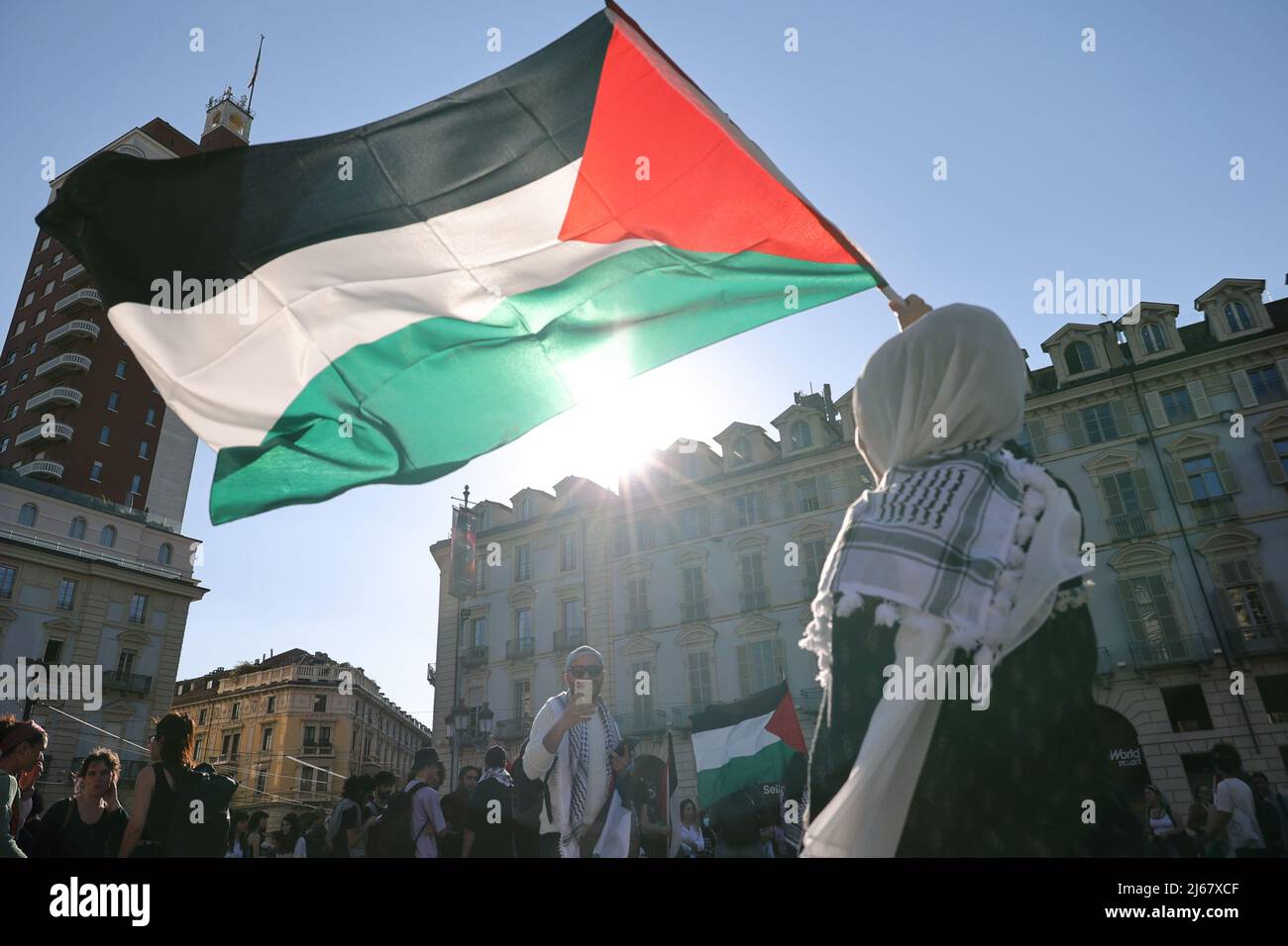 Turin, Italy. 28th April, 2022. People protest against the raids of Israeli forces in West Bank and restrictions on access to holy sites in Jerusalem during the Ramadan time. Credit: MLBARIONA/Alamy Live News Stock Photo