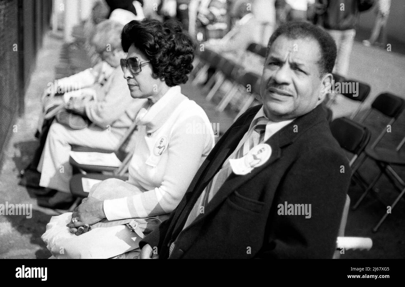 Legendary Dodgers catcher Roy Campanella and his wife attending the dedication of Jackie Robinson Stadium, home field of the UCLA Bruins college baseball team in Westwood, 1981. Stock Photo