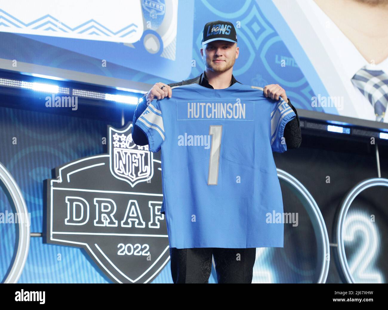 Nevada, USA. 28th Apr, 2022. The Detroit Lions select Michigan Wolverines defensive end Aidan Hutchinson with the second-overall pick at the NFL Draft in Las Vegas, Nevada on Thursday, April 28, 2022.      Photo by James Atoa/UPI Credit: UPI/Alamy Live News Stock Photo