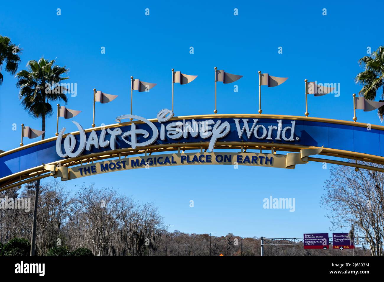 Orlando, Florida, USA - February 9, 2022:  A Walt Disney World entrance arch gate in Orlando, Florida, USA. Walt Disney World is an entertainment reso Stock Photo