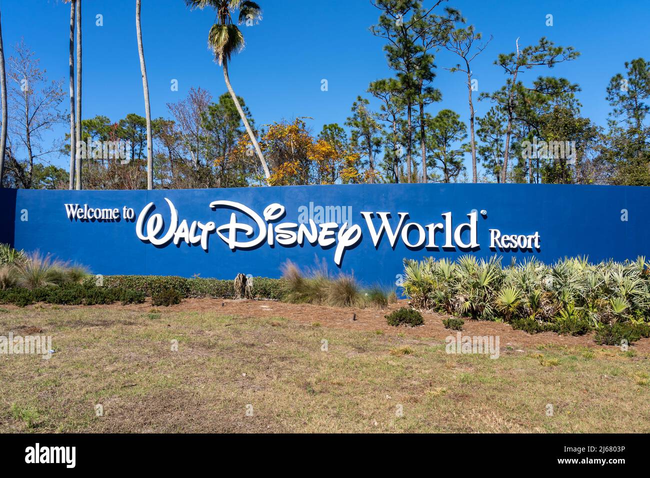 Orlando, Florida, USA - February 9, 2022:  A Walt Disney World Resort welcome sign in Orlando, Florida, USA. Stock Photo