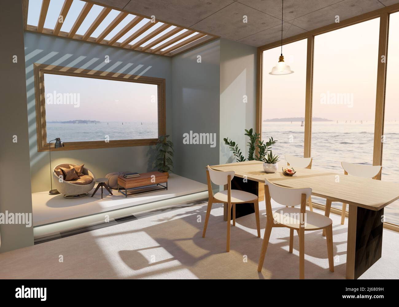 Beach house indoors interior design in a modern cozy style, stylish