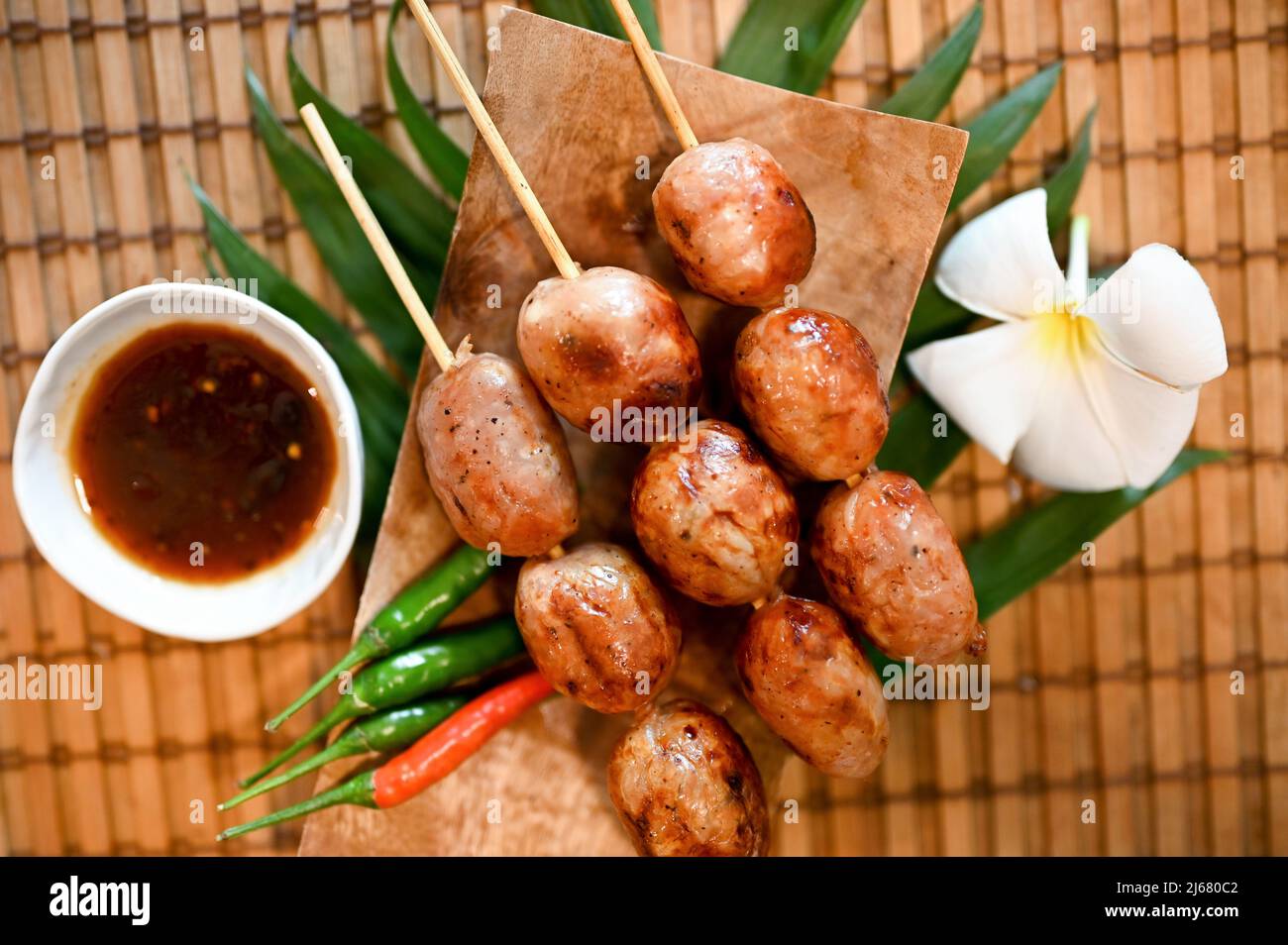 Top view, Traditional Thai street food concept, Thai sausages or Isaan