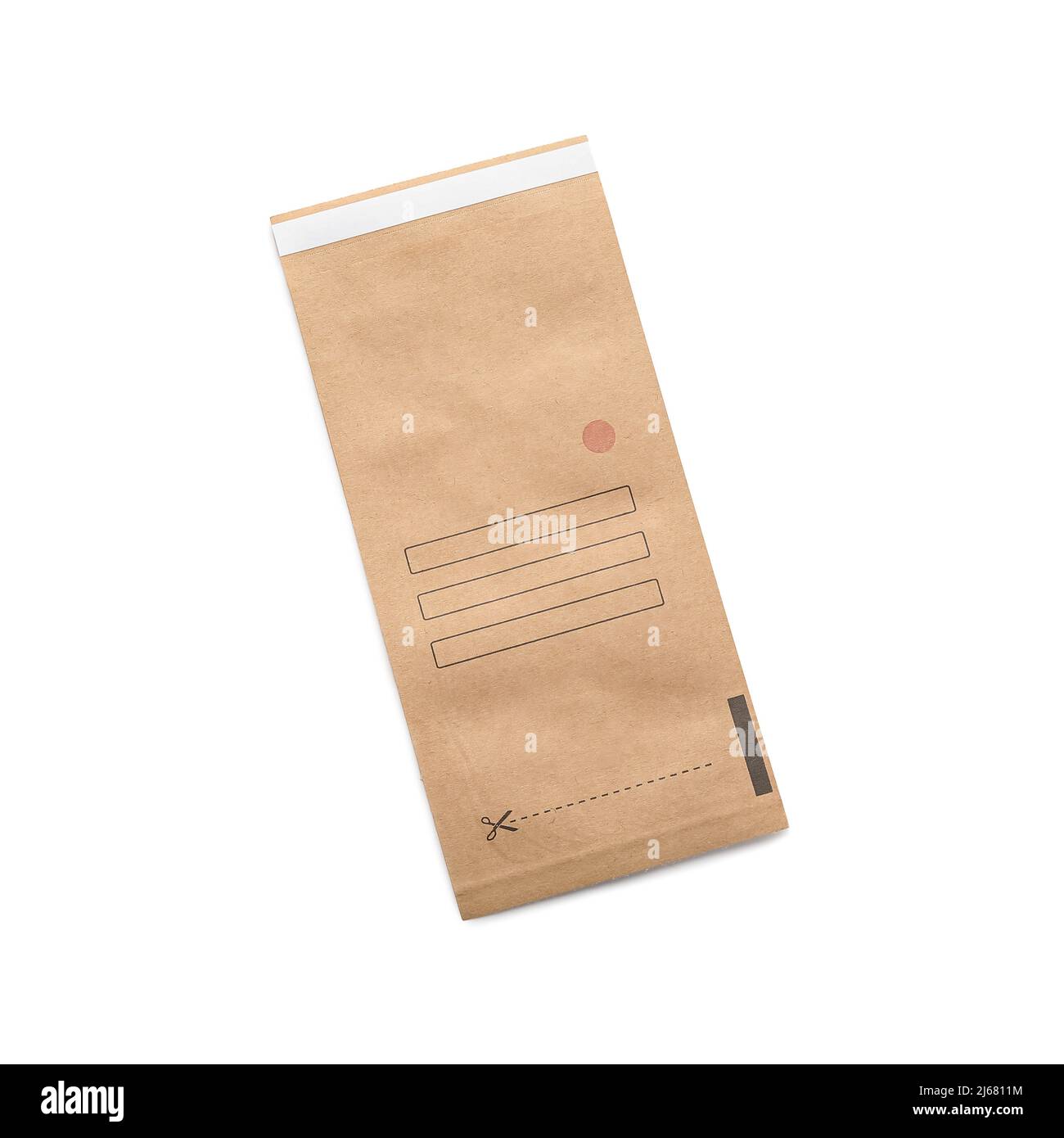 Paper bag for clean manicure tools on white background Stock Photo