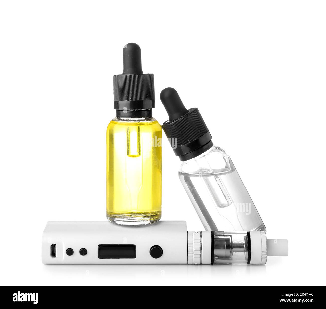 Modern vape mod and oils on white background Stock Photo - Alamy