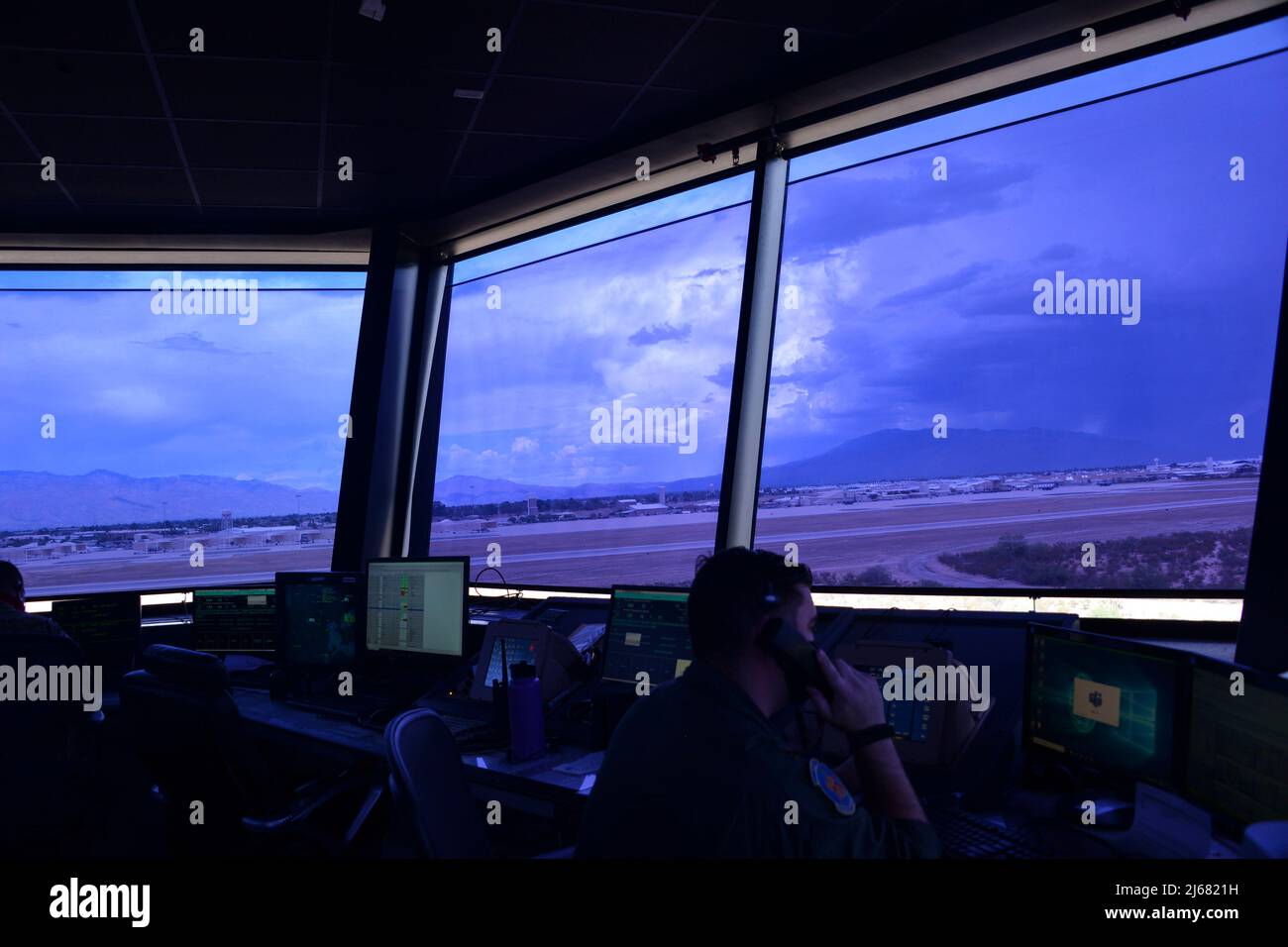 The 355th Wing Air Traffic Control Tower receives a “lightning within five nautical miles” warning for a monsoon thunderstorm at Davis-Monthan Air Force Base, Arizona, July 27, 2020. The weather flight notifies more than 11,000 total force Airmen and 11 flying units on base of issued watches, warnings, and advisories. (U.S. Air Force photo by 2nd Lt. Dorothy K. Sherwood) Stock Photo