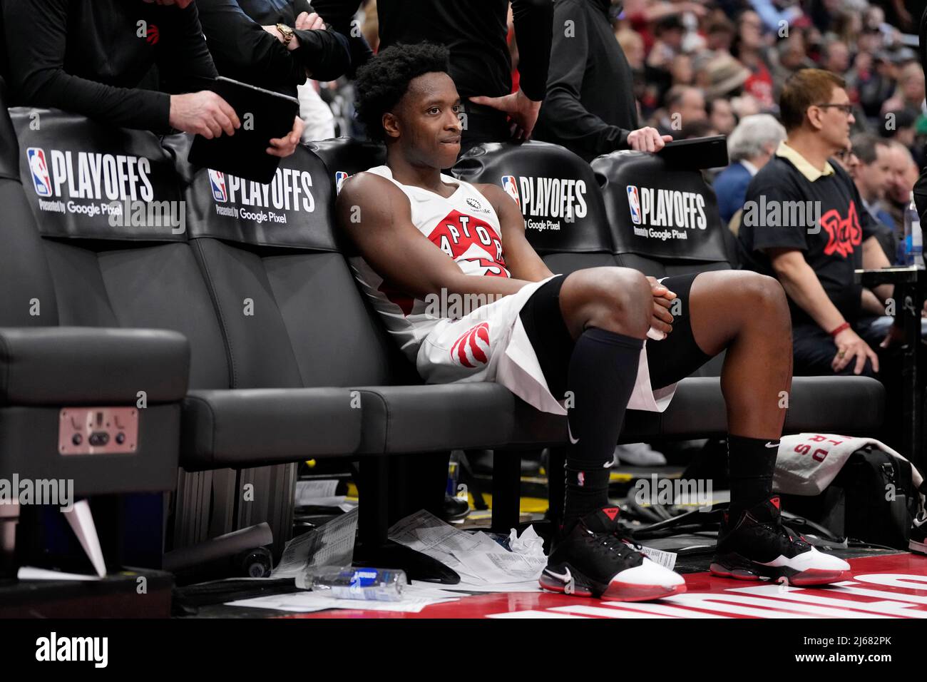 April 28, 2022, TORONTO, ON, CANADA: Toronto Raptors forward OG Anunoby (3)  looks on in the dying minutes of second half NBA East Division 1st round  game 6 basketball action against the