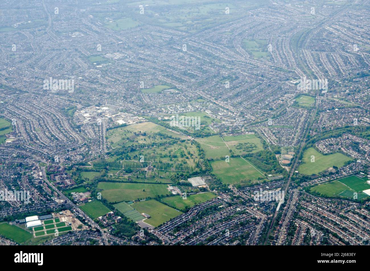 Aerial view looking south from New Malden towards Motspur Park, Tolworth, Morden and Cheam in the London Boroughs of Kingston-Upon-Thames and Sutton o Stock Photo