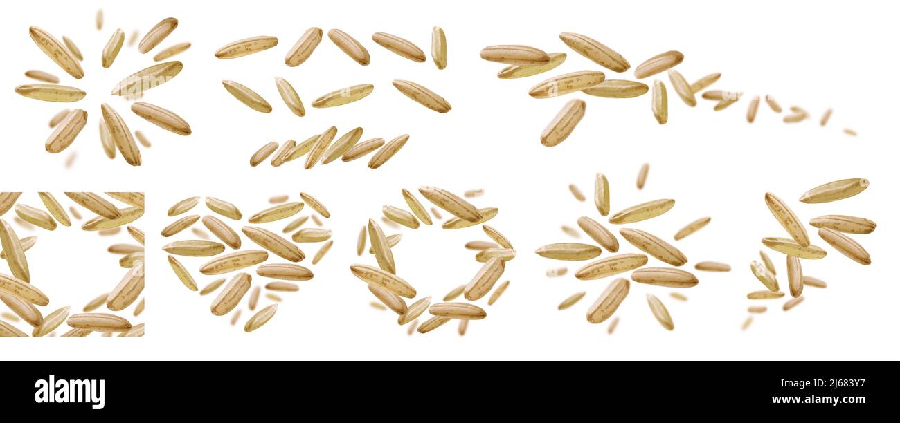 A set of photos. Raw rice levitates on a white background Stock Photo ...